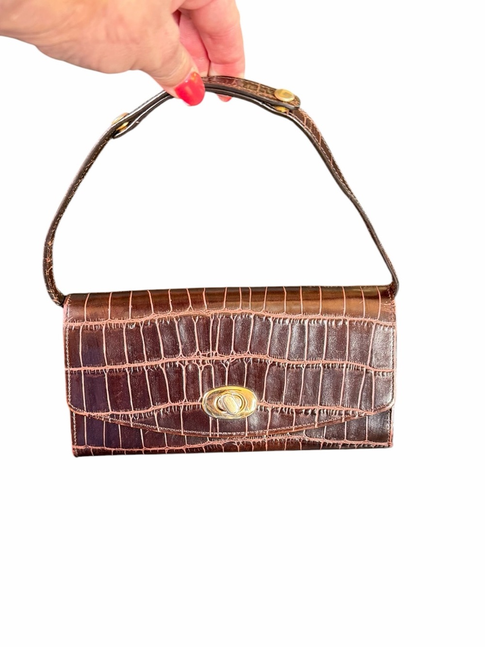 Vintage Fenoma Paris Croc Embossed Wallet Bag Brown Gold Tone Convertible Clutch
